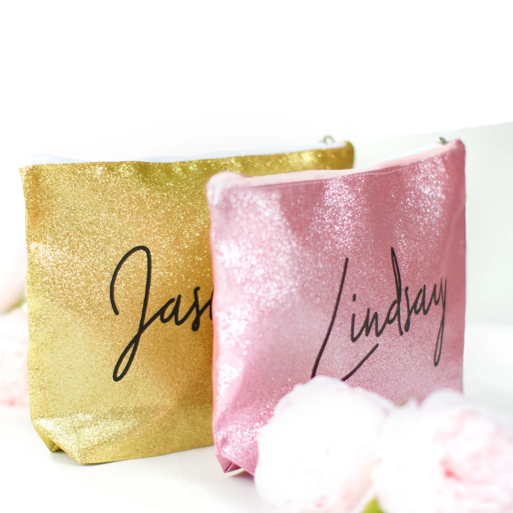 Custom Name Glitter Cosmetic Bag, Personalized Glitter Makeup Case, Christmas Makeup Bag, Gold Bag Silver Travel Toiletry Pouch