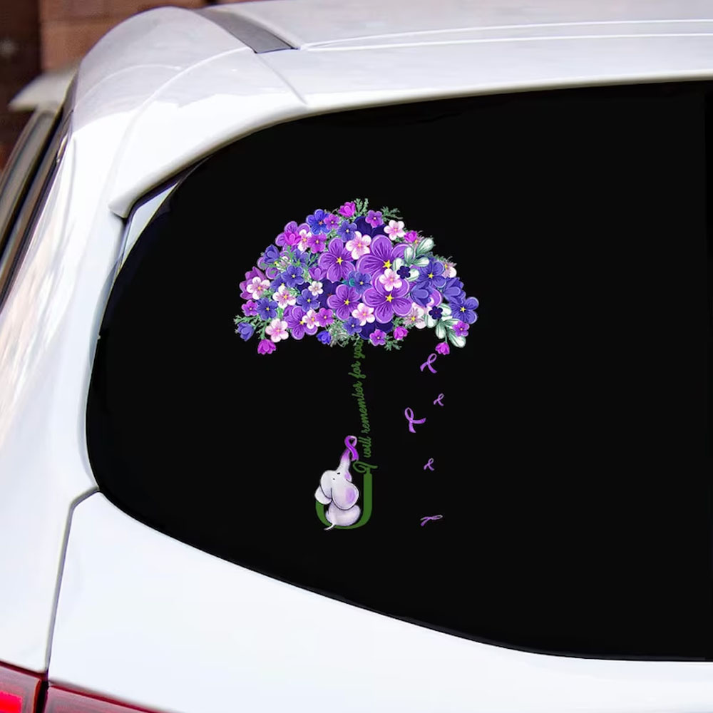 Alzheimer's Awareness I'll Remember For You Elephant Car Decal, Alzheimer's Awareness Forget Me Not Flower, Umbrella Sticker Gift For Warriors