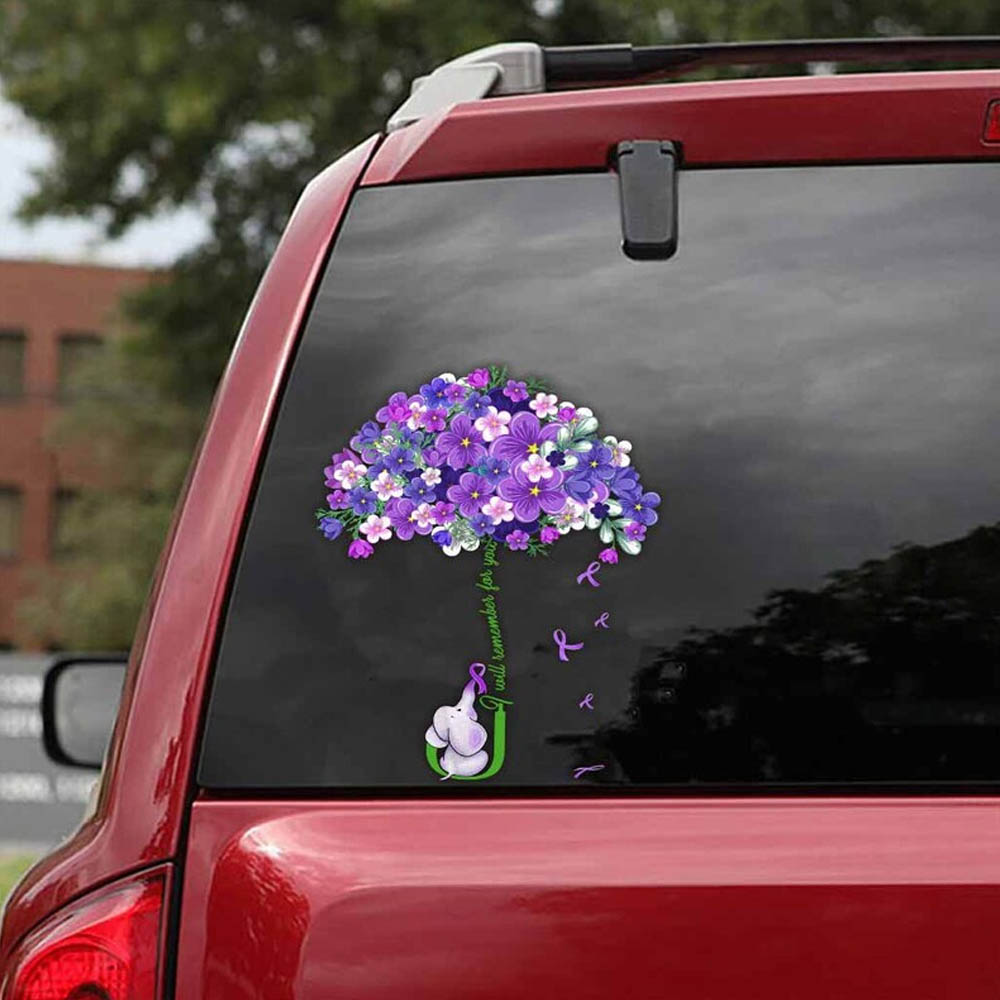 Alzheimer's Awareness I'll Remember For You Elephant Car Decal, Alzheimer's Awareness Forget Me Not Flower, Umbrella Sticker Gift For Warriors