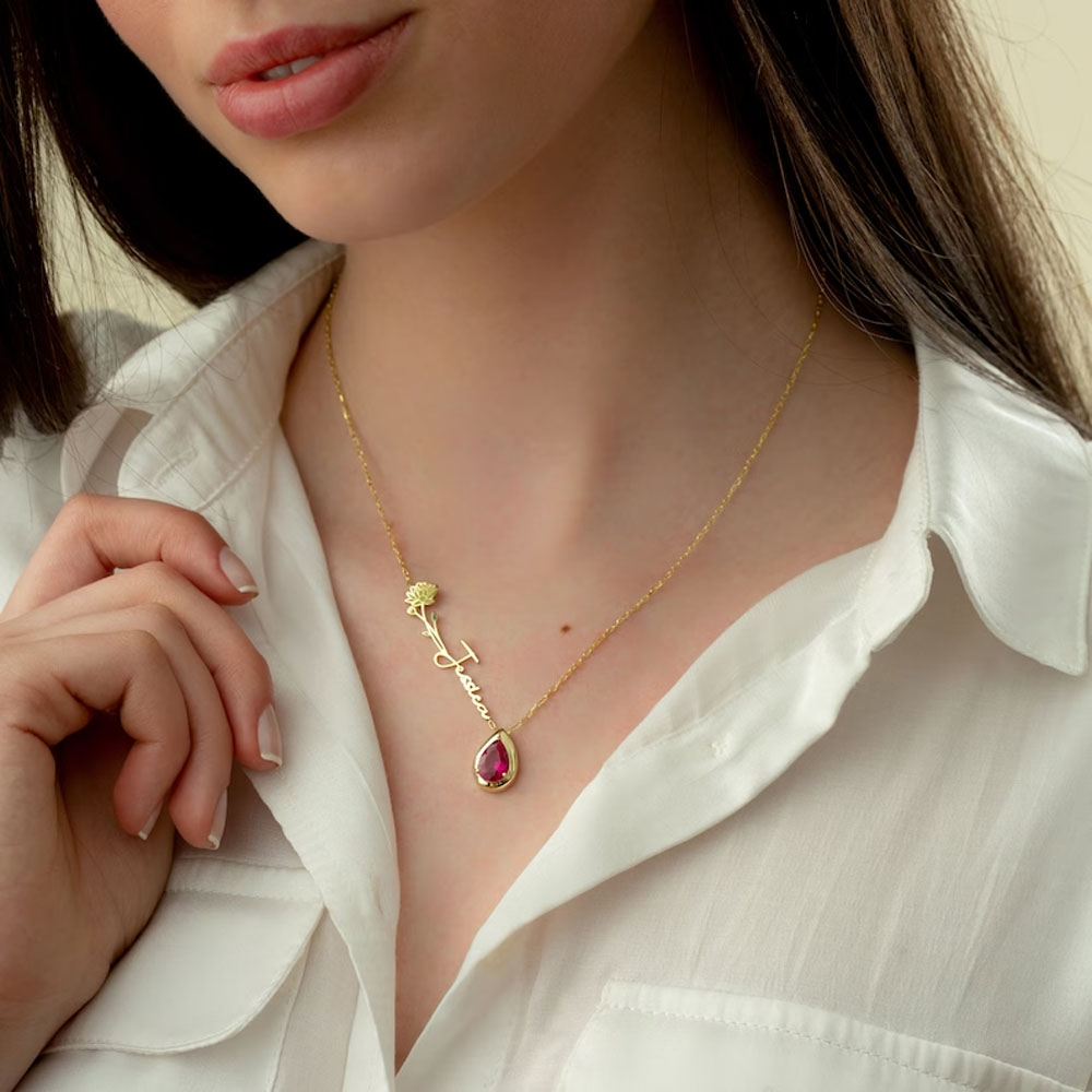 Personalized Birth Flower Necklace, Custom Birth Stone Necklace, Name Flower Jewelry, Charm Gift for Women