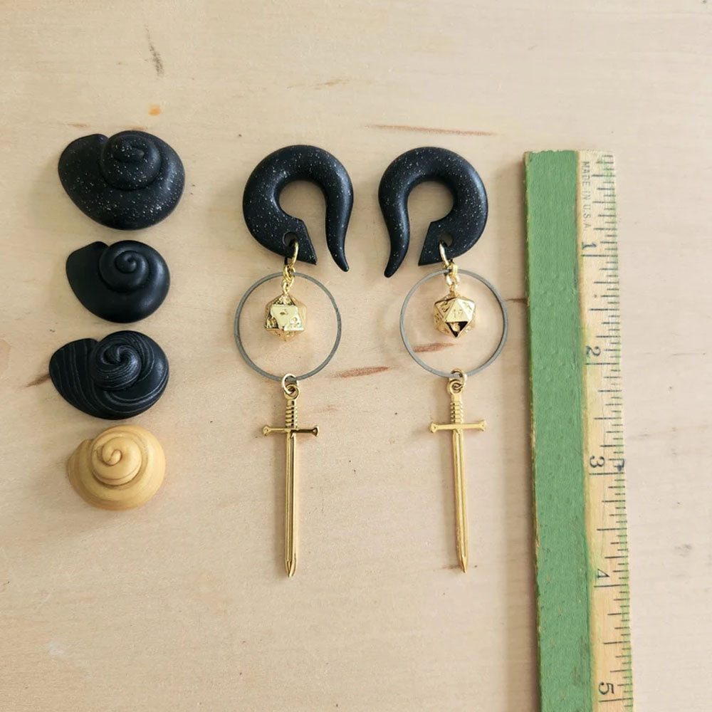 Dark Slayer Gauged Earrings, D20 Dice Earrings, Gold Sword Earrings