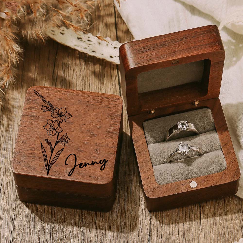 Personalized Birth Flower Ring Box, Wooden Engagement Ring Box, Engraved Proposal Ring Box, Ring Holder, Couple Ring Organizer, Christmas Gift