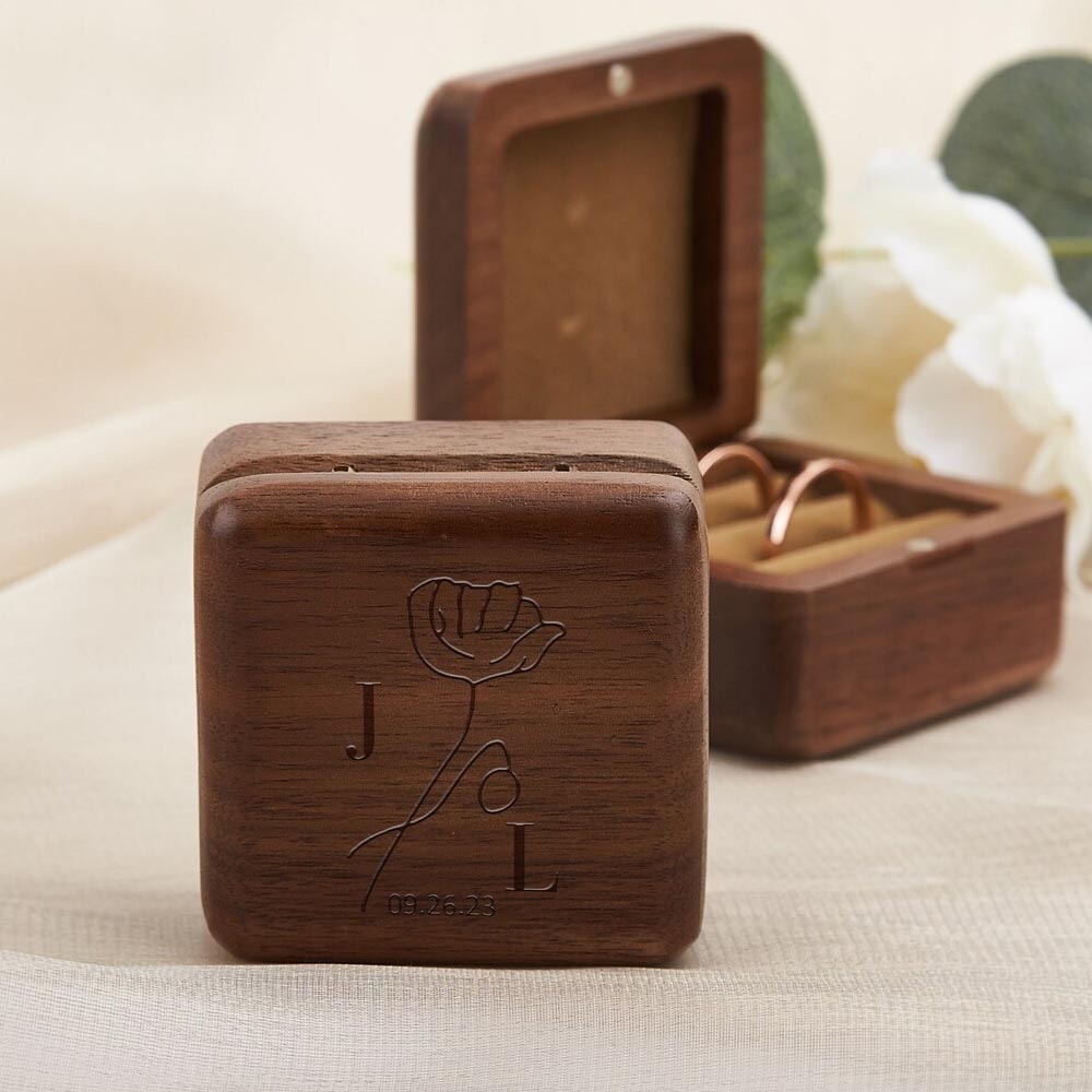 Personalized Birth Flower Ring Box, Wooden Engagement Ring Box, Engraved Proposal Ring Box, Ring Holder, Couple Ring Organizer, Christmas Gift