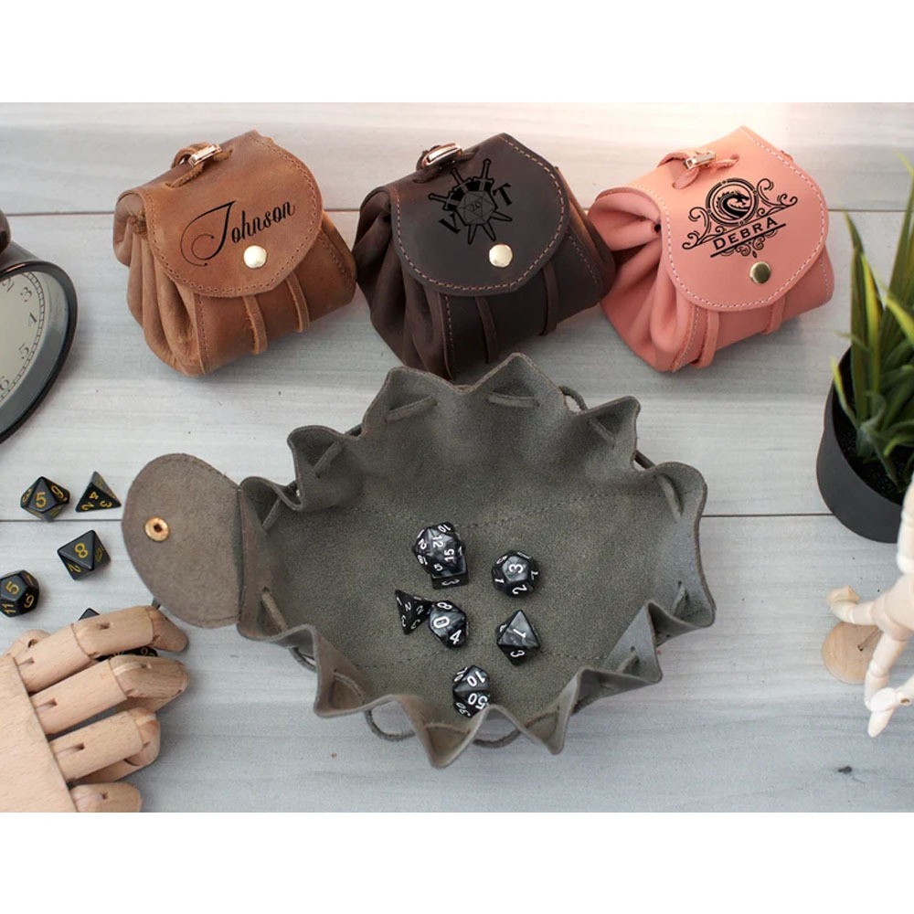 Unique Leather Dice Bag for Dungeons Players, Personalized Drawstring Dice Bag of Holding, Dice Storage Pouch, D20 Dice Set, Player Gift