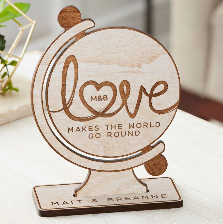 Personalised Anniversary Gift,Love Makes The World Go Round Personalized Wood Keepsake,5th Anniversary Gift