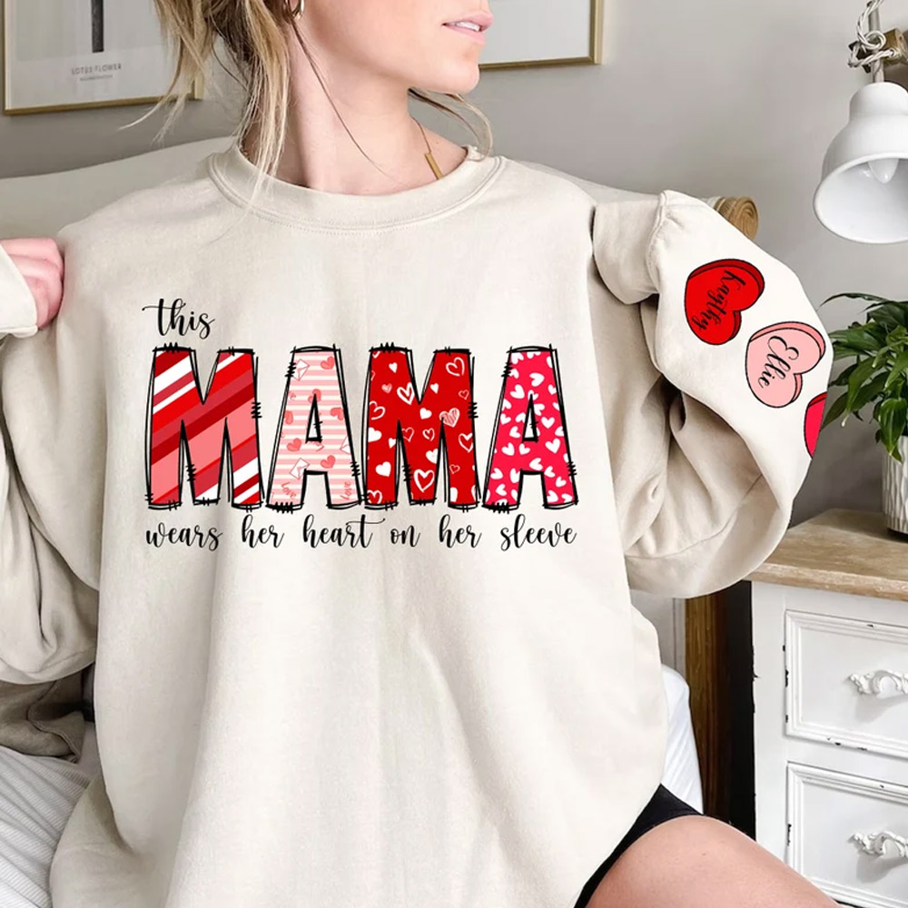 Valentine Gift, Custom Valentine Mama Sweatshirt with Kids Name on Sleeve, Gift for Mother, I Wear My Heart On My Sleeve Sweatshirt, Mothers Day Gift For Mom