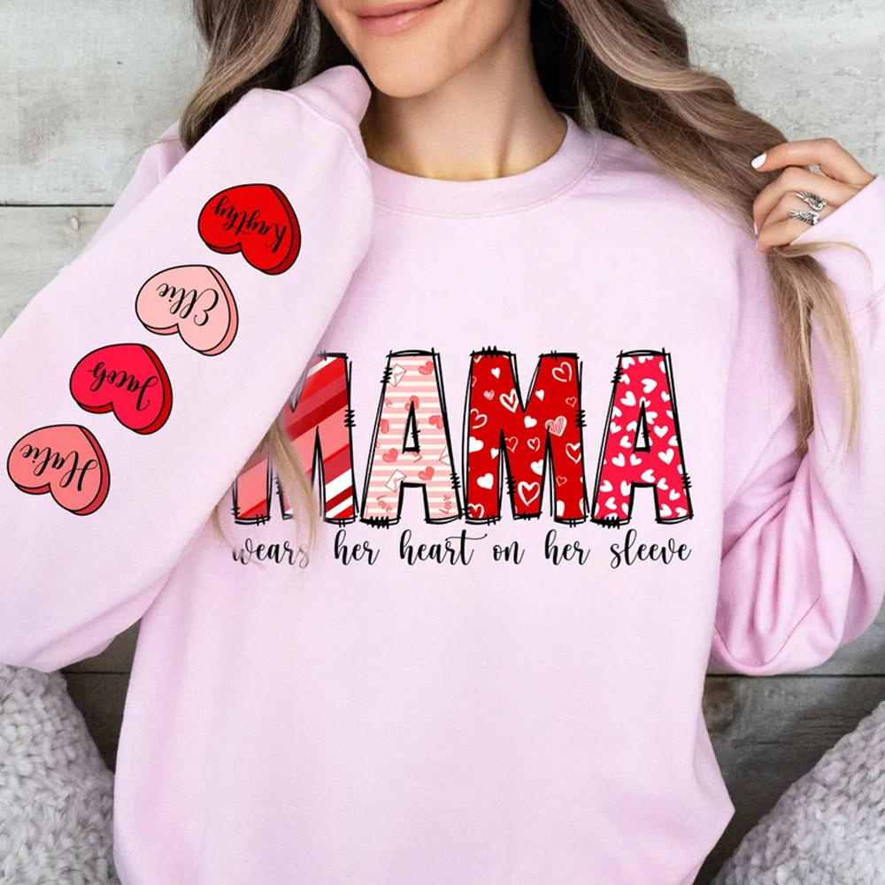 Valentine Gift, Custom Valentine Mama Sweatshirt with Kids Name on Sleeve, Gift for Mother, I Wear My Heart On My Sleeve Sweatshirt, Mothers Day Gift For Mom