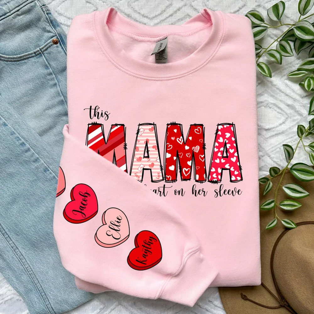 Valentine Gift, Custom Valentine Mama Sweatshirt with Kids Name on Sleeve, Gift for Mother, I Wear My Heart On My Sleeve Sweatshirt, Mothers Day Gift For Mom