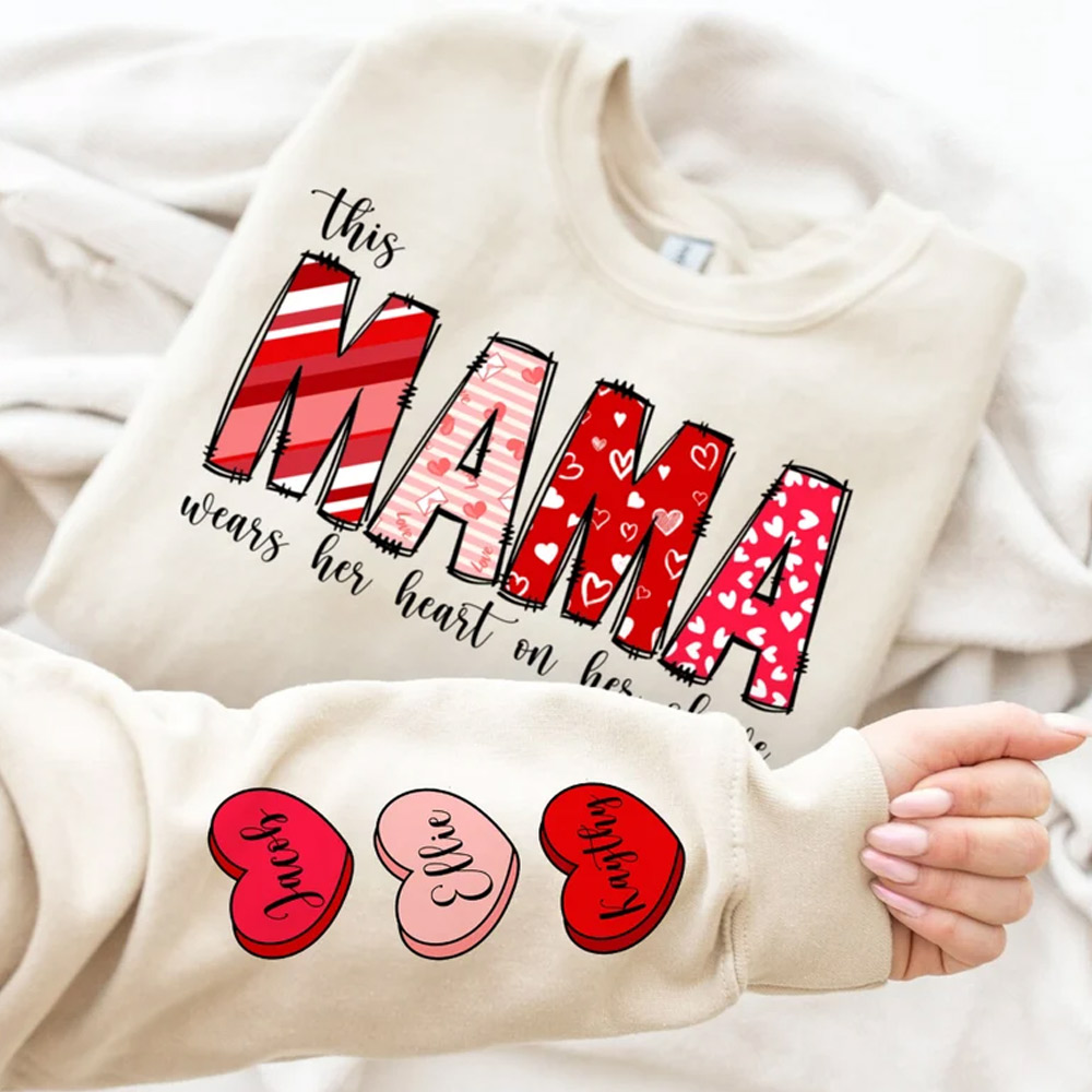 Valentine Gift, Custom Valentine Mama Sweatshirt with Kids Name on Sleeve, Gift for Mother, I Wear My Heart On My Sleeve Sweatshirt, Mothers Day Gift For Mom