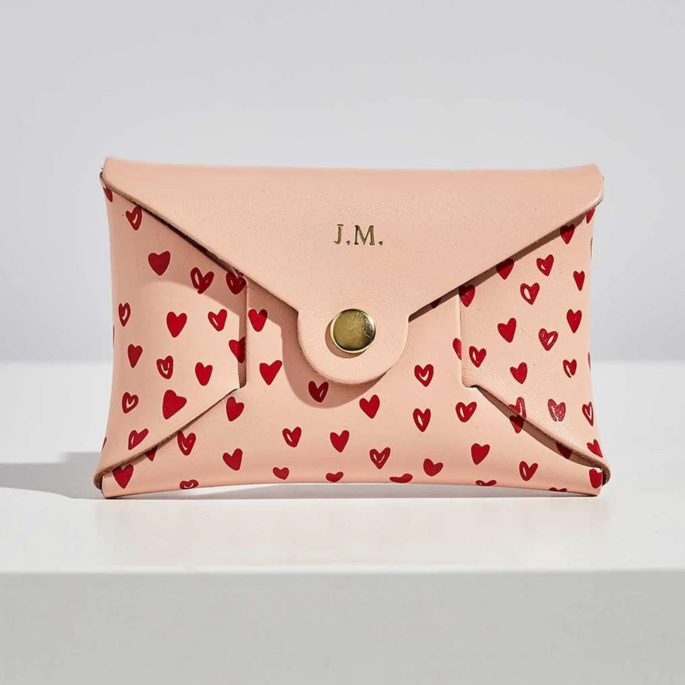 Secret Message Coin Purse & Gold Initials, Personalized Leather Coin Purse Women, Mother's Day Gift for Her, Pink & Red Love Heart Print