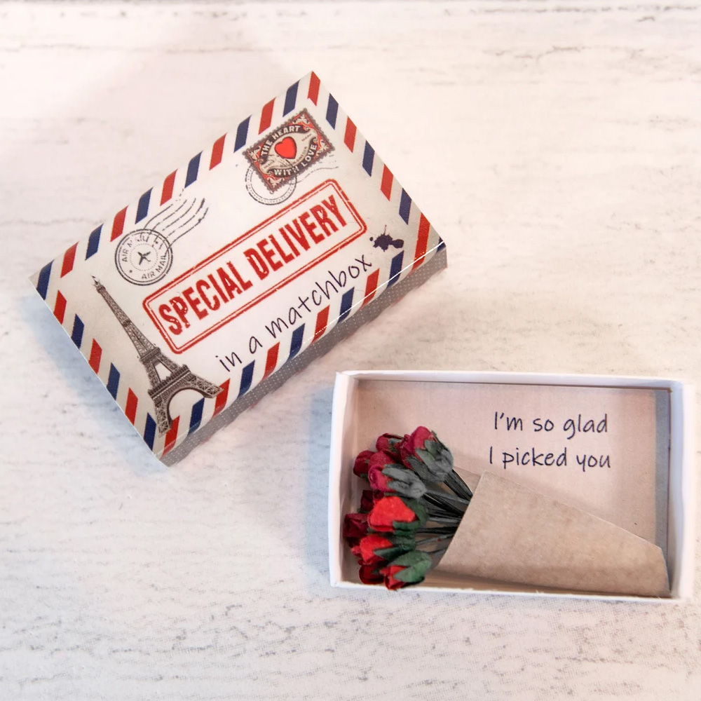 Gift For Partner, A Dozen Red Paper Roses Miniature Bouquet In A Matchbox, Love Token, Valentines Gift For Her, Alternative Valentines Card