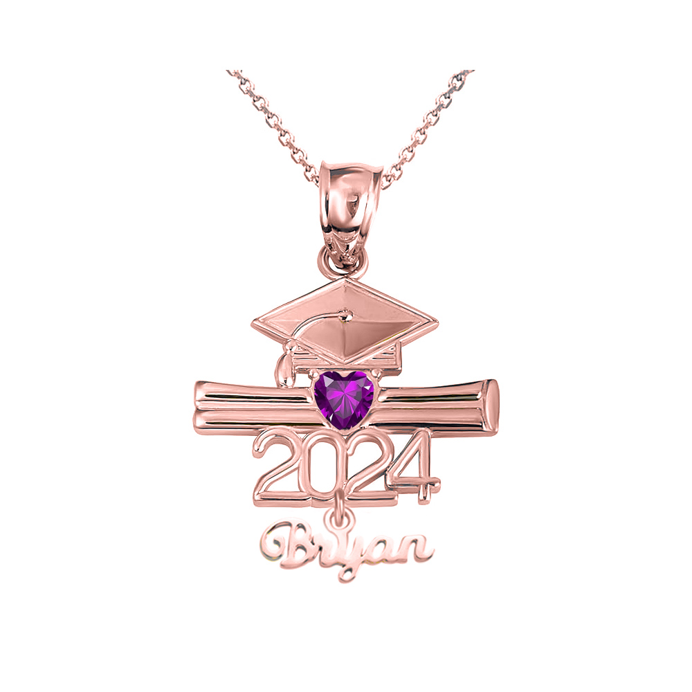 Graduation Gift for Students, Personalized Name Birthstone Bachelor Cap Necklace, Graduation Gift, Class of 2024 Graduation Cap & Diploma Heart Pendant Necklace