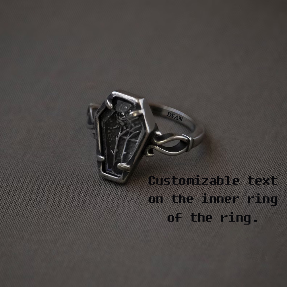 Personalized Coffin Flower Ring, Cool Gothic Rose Dainty Poison Antique Silver Ring for Her, Memento Mori Ring, Anniversary Birthday Gift for Man Woman