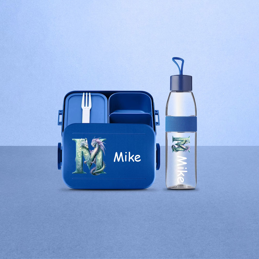 Personalized Lunch Box Set with Dragon Alphabet, Personalized Lunch Box & Water Bottle for Daycare, School