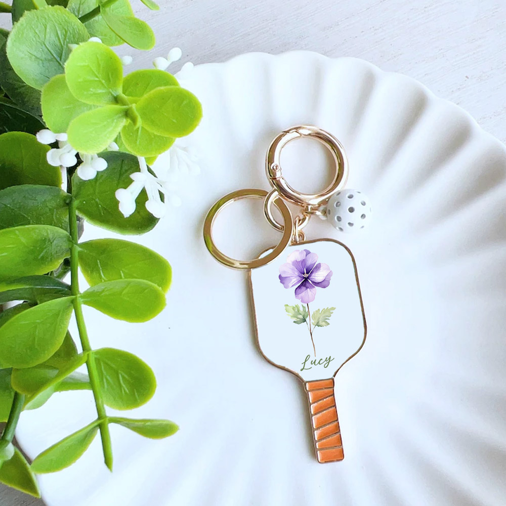 Personalized Birth flower Enamel Pickleball Keychain, Custom Name Pickleball Paddle Keychain, Gift for Mom/Girlfriend, Sports Gift for Her