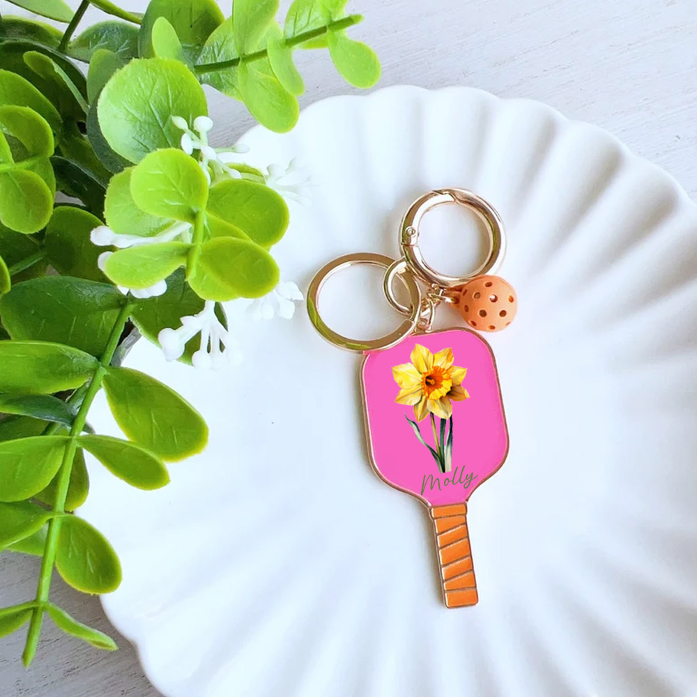 Personalized Birth flower Enamel Pickleball Keychain, Custom Name Pickleball Paddle Keychain, Gift for Mom/Girlfriend, Sports Gift for Her