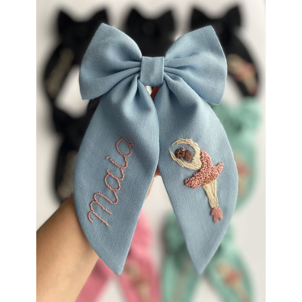 Custom Name Ballerina Hand Embroidered Hair Accessories, Multiple Color Bow Knot Hair Clips, Stylish Designed Hair Bows, Gift Clips for Her