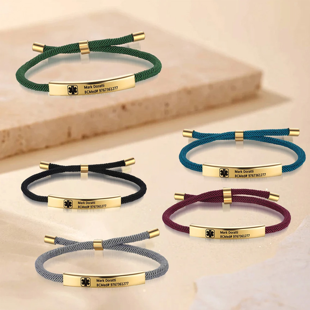 Custom Medical Alert ID Bracelet with Soft Rope, Personalized Healthy Information Bracelet, Adjustable Engraved Bracelet