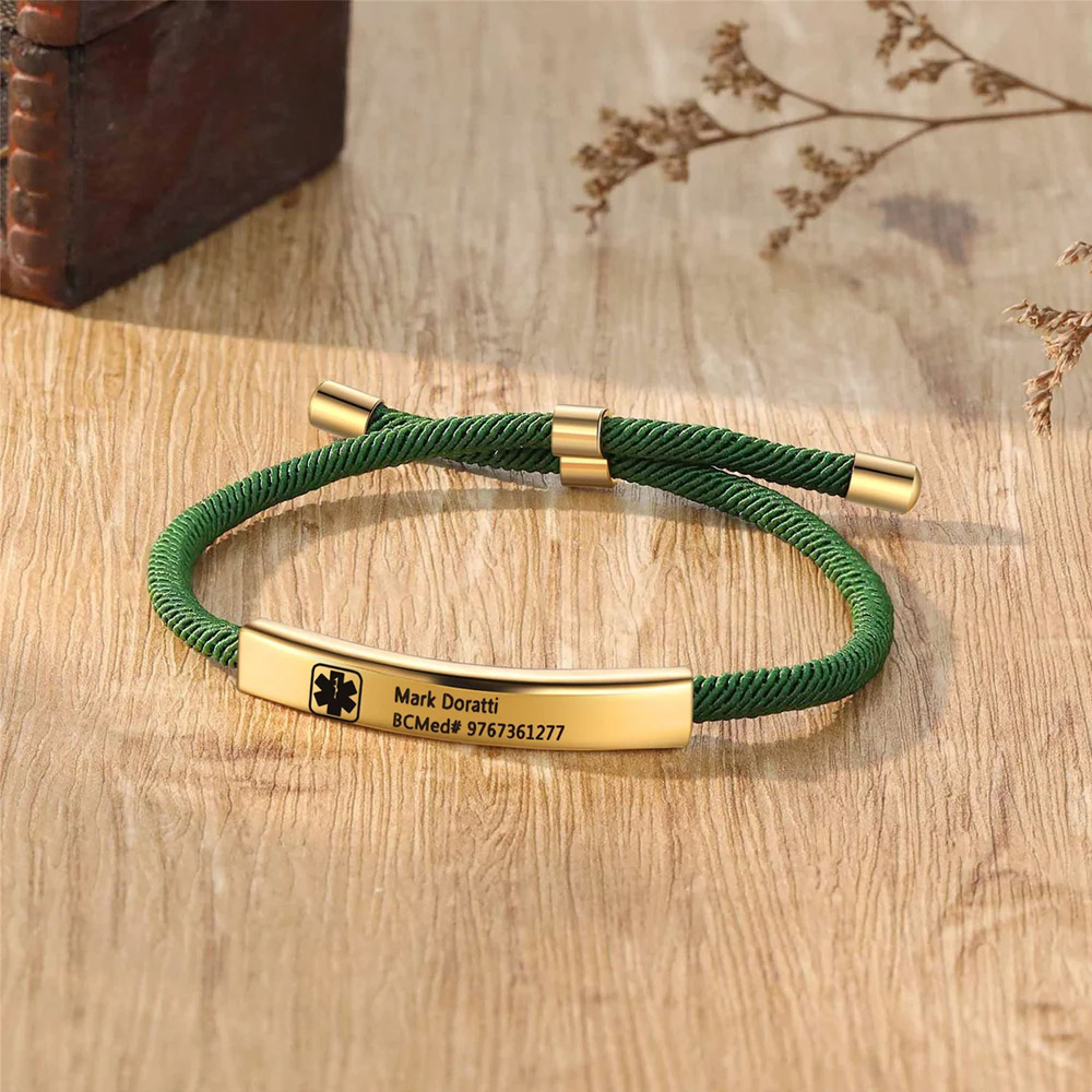 Custom Medical Alert ID Bracelet with Soft Rope, Personalized Healthy Information Bracelet, Adjustable Engraved Bracelet