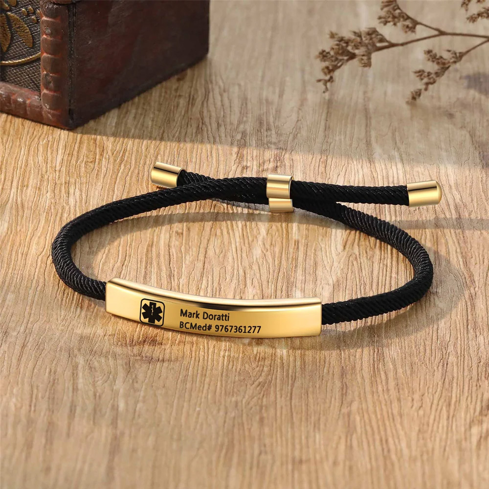 Custom Medical Alert ID Bracelet with Soft Rope, Personalized Healthy Information Bracelet, Adjustable Engraved Bracelet
