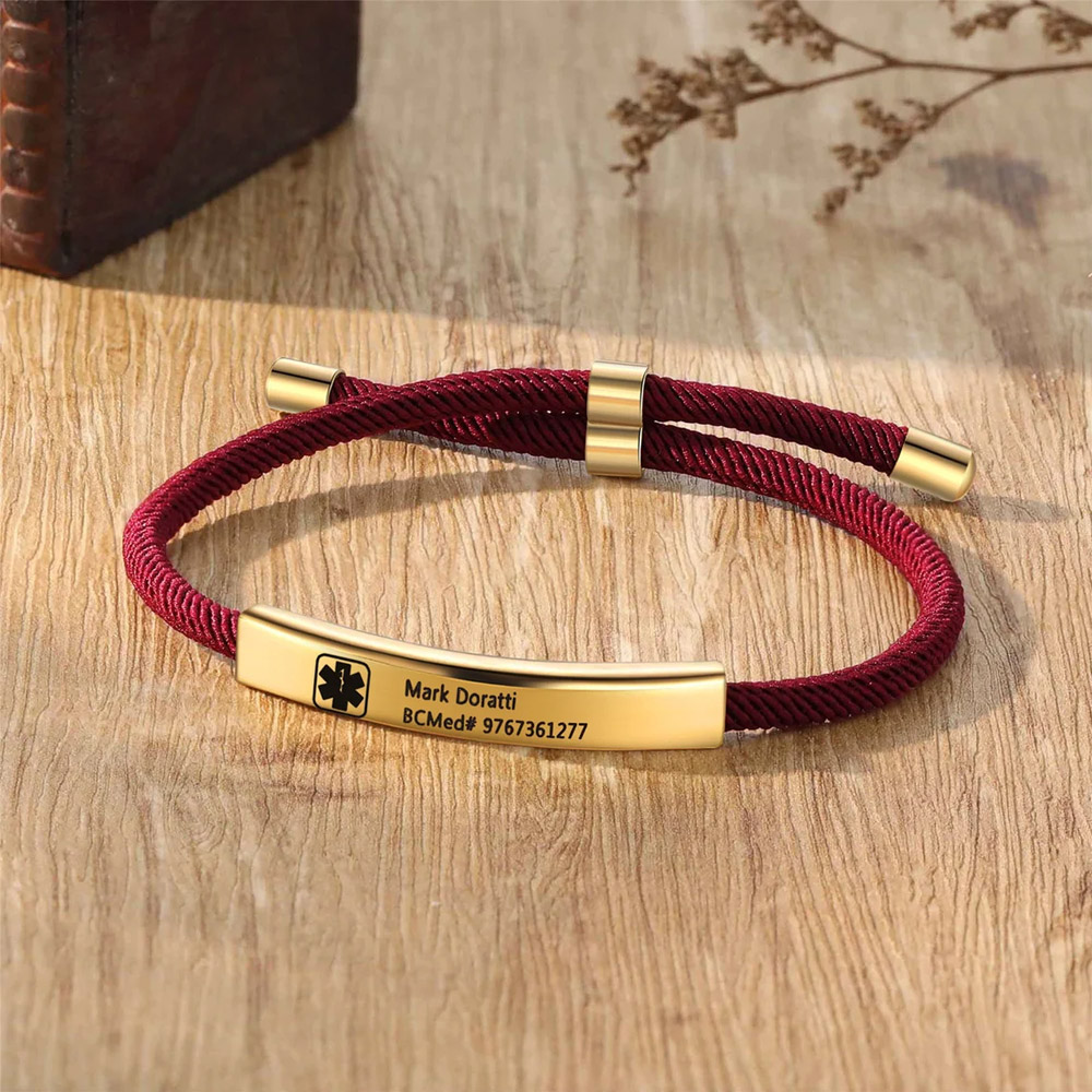 Custom Medical Alert ID Bracelet with Soft Rope, Personalized Healthy Information Bracelet, Adjustable Engraved Bracelet