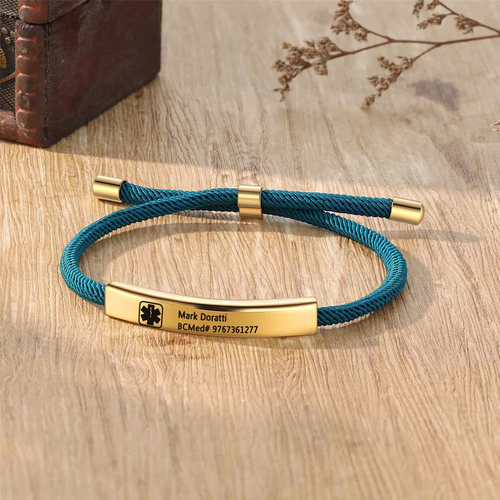 Custom Medical Alert ID Bracelet with Soft Rope, Personalized Healthy Information Bracelet, Adjustable Engraved Bracelet