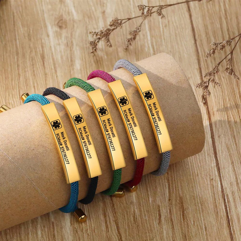 Custom Medical Alert ID Bracelet with Soft Rope, Personalized Healthy Information Bracelet, Adjustable Engraved Bracelet