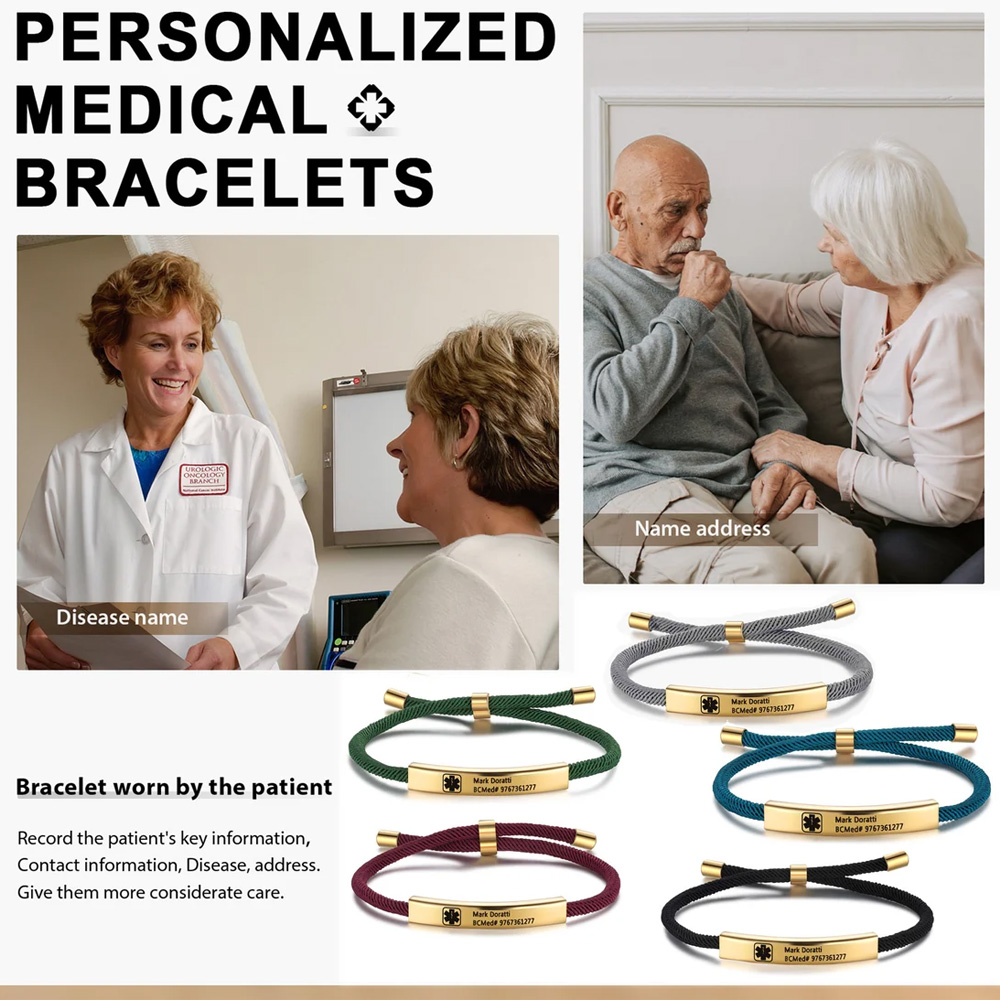 Custom Medical Alert ID Bracelet with Soft Rope, Personalized Healthy Information Bracelet, Adjustable Engraved Bracelet