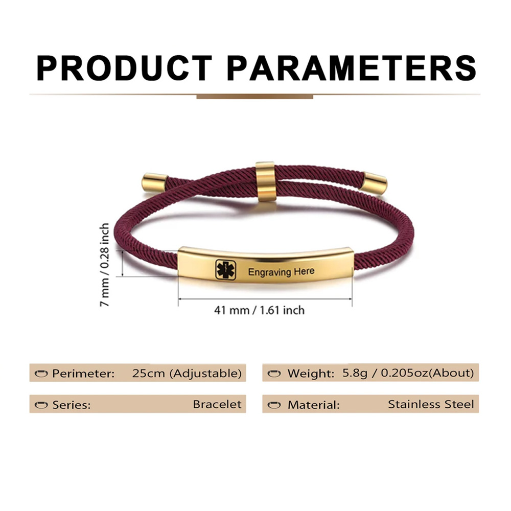 Custom Medical Alert ID Bracelet with Soft Rope, Personalized Healthy Information Bracelet, Adjustable Engraved Bracelet