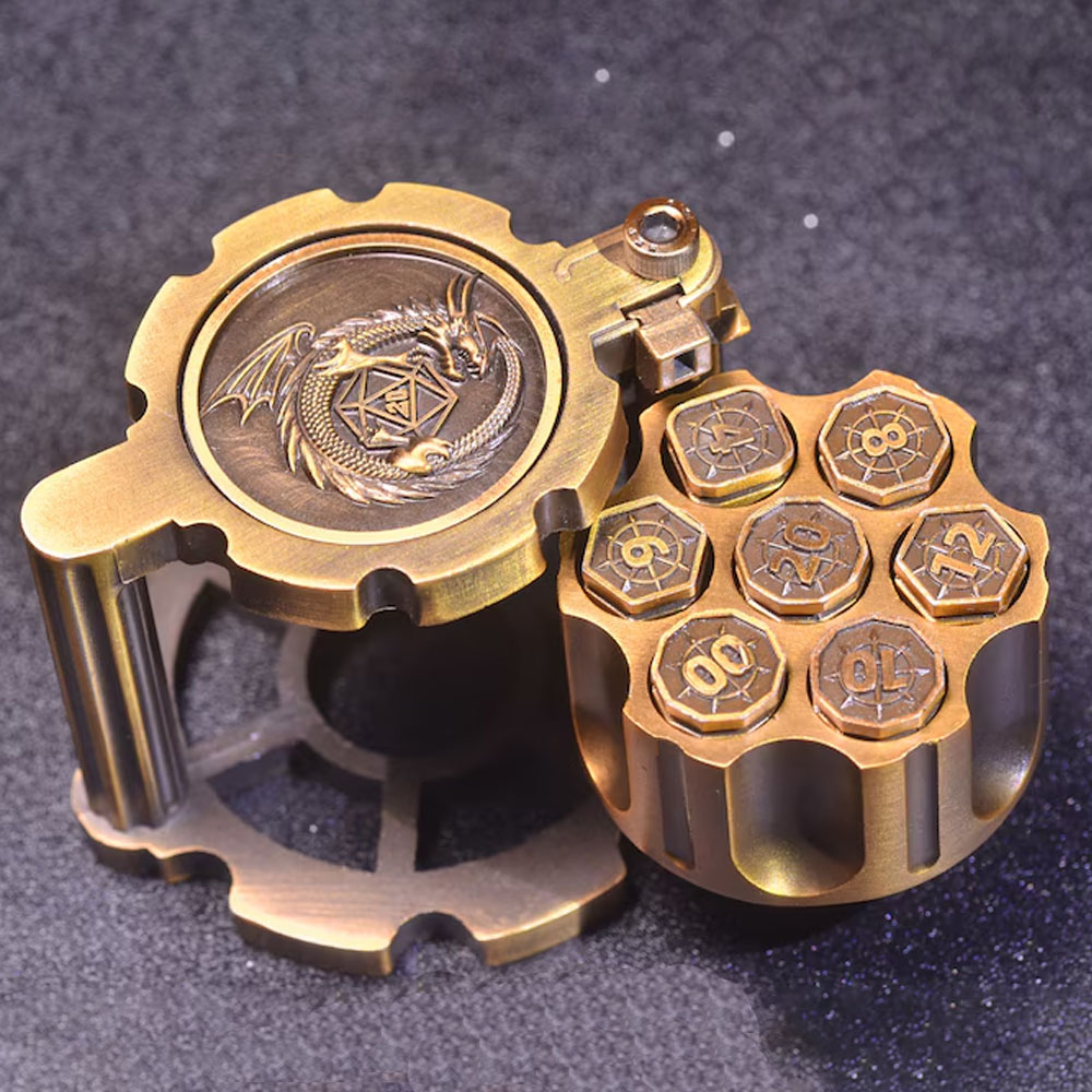 Revolver Bullet Dice Set, Unique 7 Piece Dice in Revolver Cylinder Casem, Weighted Metal Dice Set, Unique Dice