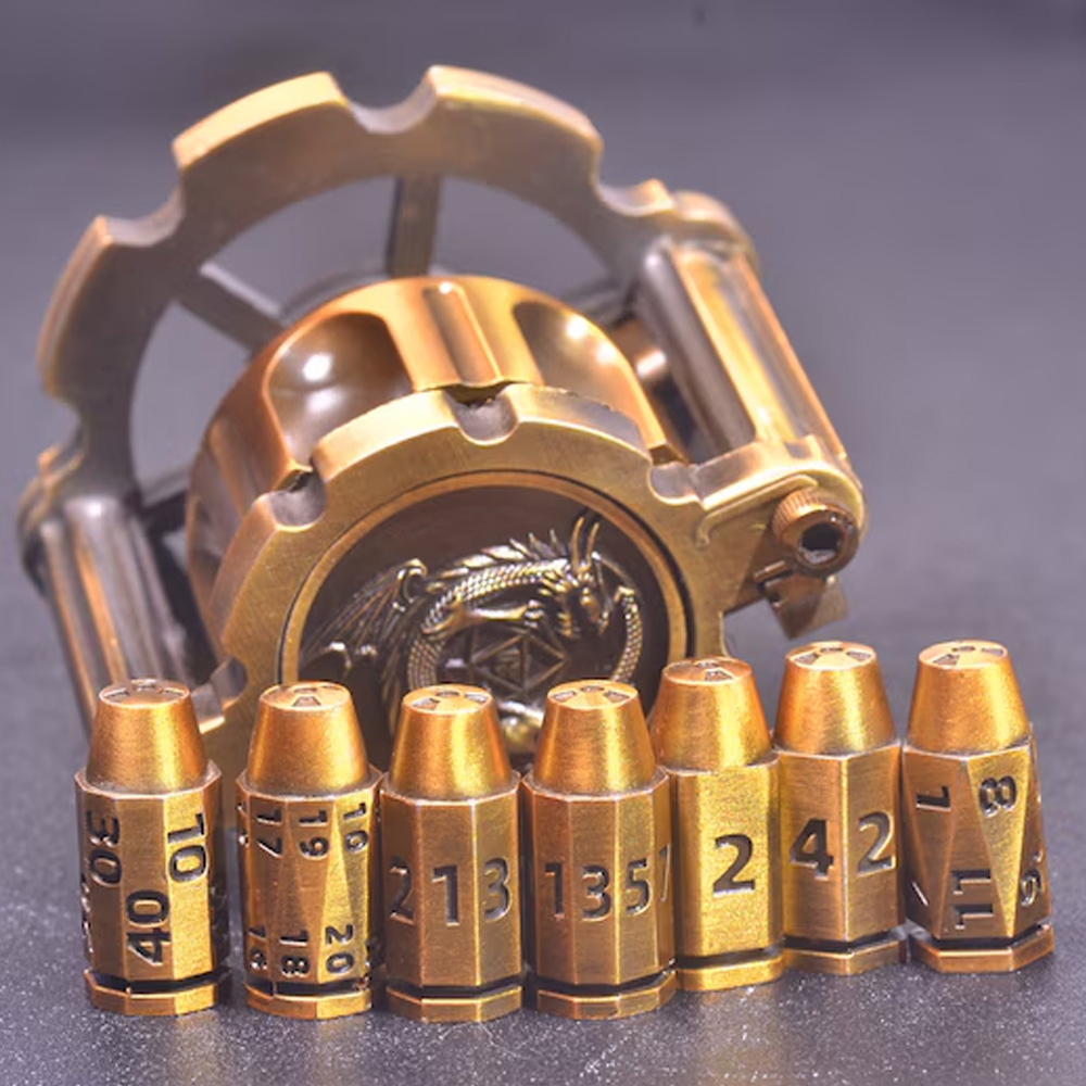 Revolver Bullet Dice Set, Unique 7 Piece Dice in Revolver Cylinder Casem, Weighted Metal Dice Set, Unique Dice