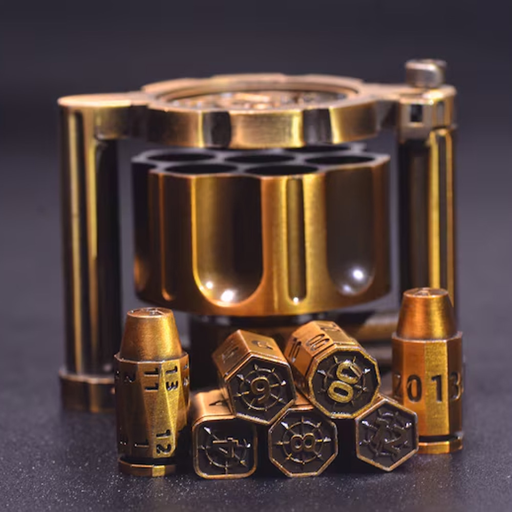 Revolver Bullet Dice Set, Unique 7 Piece Dice in Revolver Cylinder Casem, Weighted Metal Dice Set, Unique Dice
