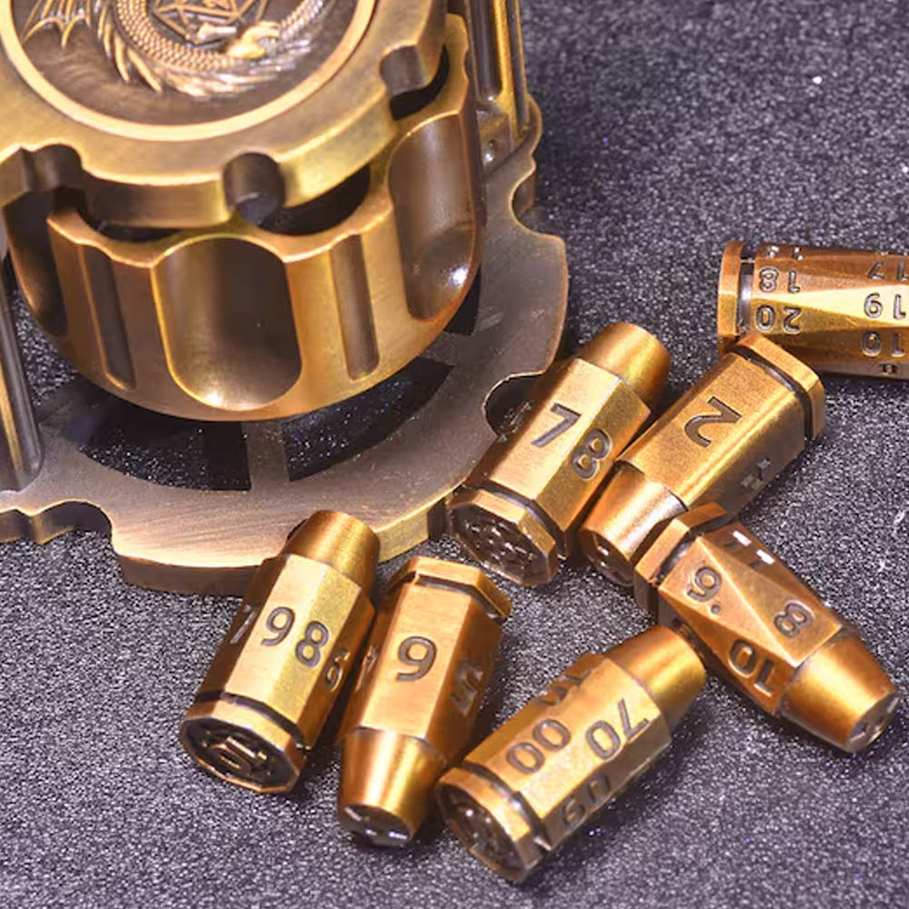 Revolver Bullet Dice Set, Unique 7 Piece Dice in Revolver Cylinder Casem, Weighted Metal Dice Set, Unique Dice