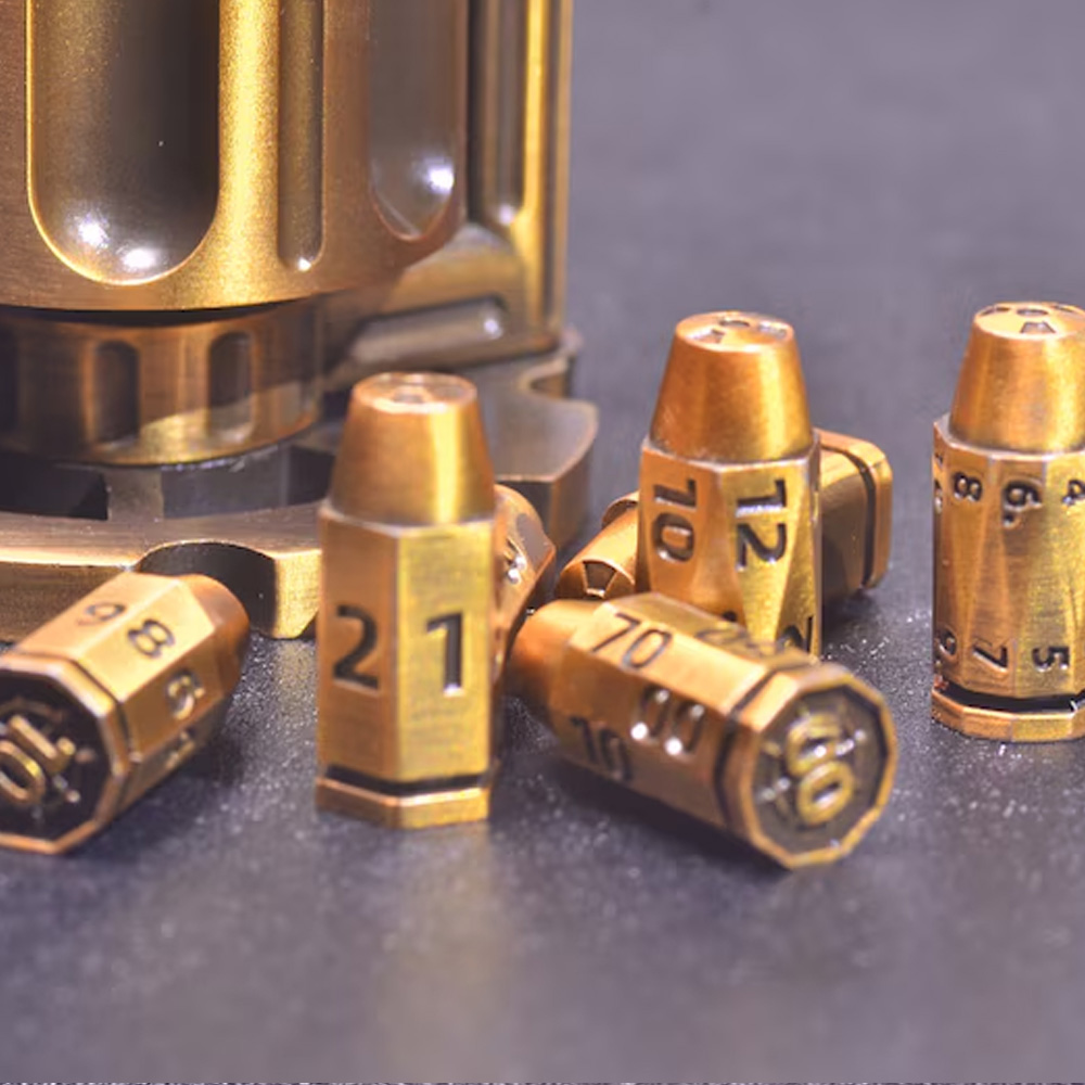 Revolver Bullet Dice Set, Unique 7 Piece Dice in Revolver Cylinder Casem, Weighted Metal Dice Set, Unique Dice