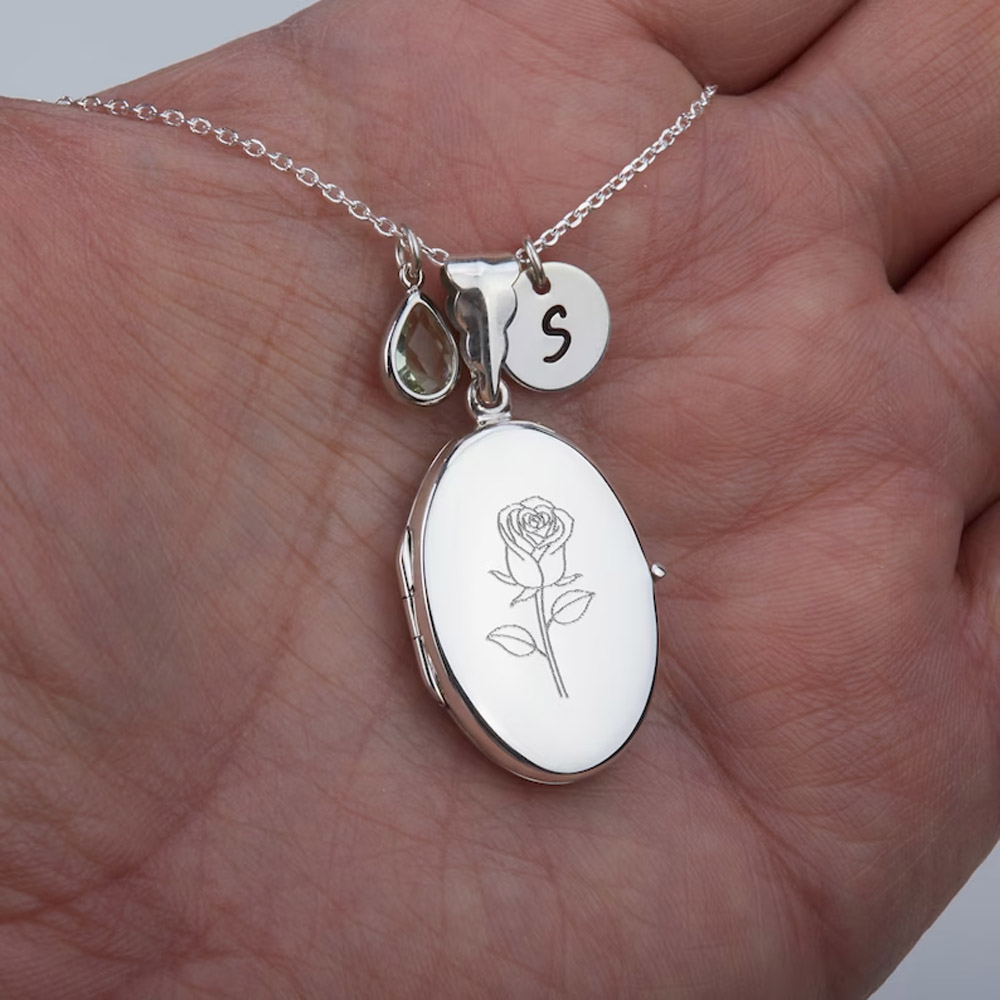 Custom Engrave Birth Flower Necklace with Birthstone Locket, Personalized Initial Disc Pendant Birthstone, Mother‘s Day/Wedding/Anniversary Gift, Gift for Her