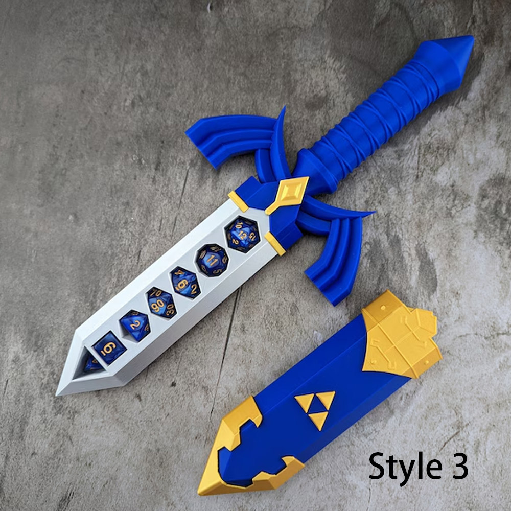 Dice Holding Sword, Customizable Color Scheme, Dice Included, 7-Die TTRPG Dice Set Storage, Optional Name Engraving