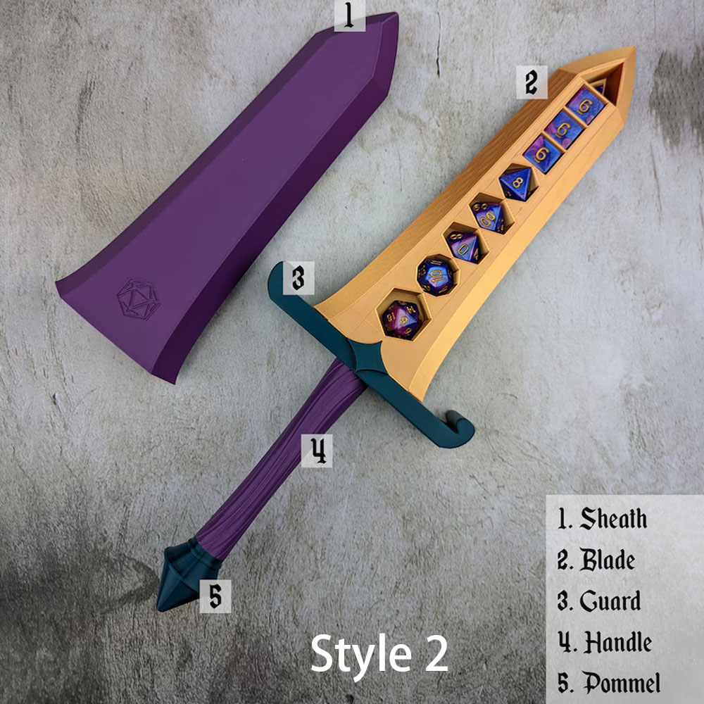 Dice Holding Sword, Customizable Color Scheme, Dice Included, 7-Die TTRPG Dice Set Storage, Optional Name Engraving