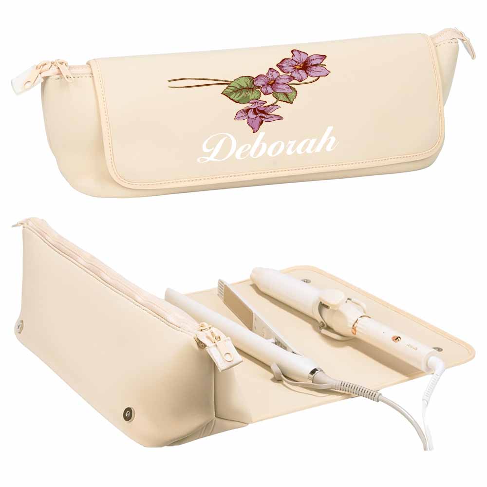 Custom Birth Flower Hair Tools Travel Bag and Heat Resistant Mat, 2-in-1 Design, Travel Portable Organizer with Interior Pockets for Flat Iron, Hair Straightener, Curling Iron and Hair Care Accessories