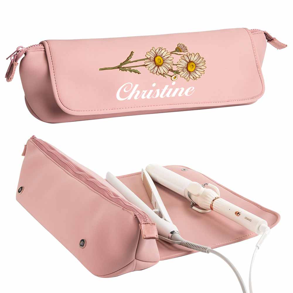 Custom Birth Flower Hair Tools Travel Bag and Heat Resistant Mat, 2-in-1 Design, Travel Portable Organizer with Interior Pockets for Flat Iron, Hair Straightener, Curling Iron and Hair Care Accessories