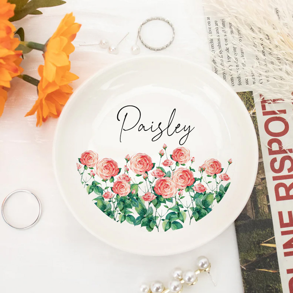 Personalized Birth Flower Ring Dish with Name, Ceramic Jewelry Plates for Woman, Necklaces/Bracelets/Rings Holder, Birthday Party/Wedding Bridesmaid Gift