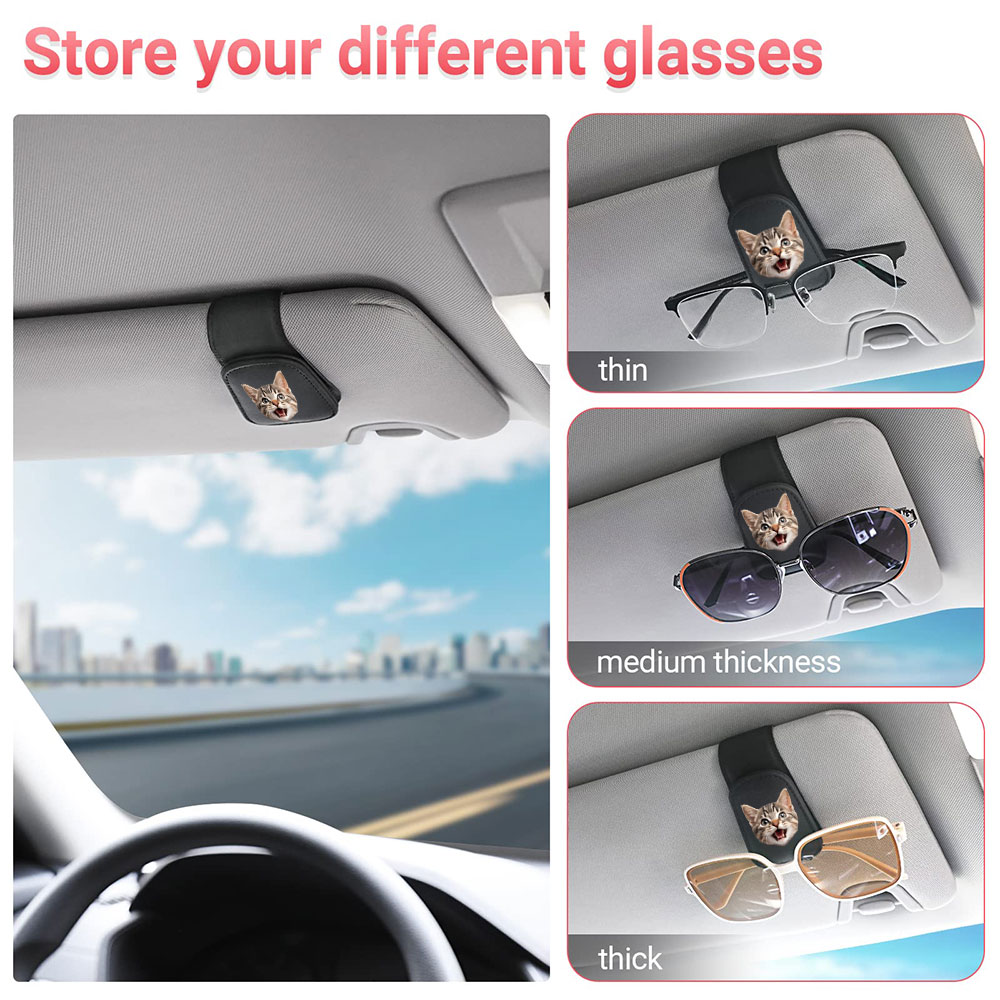 Personalized Photo Eyeglasses Holder for Car, Custom Cat Head Print Car Sunglass Holder,  Car Gadgets for Car Visor, Car Accessories for Cat Owners