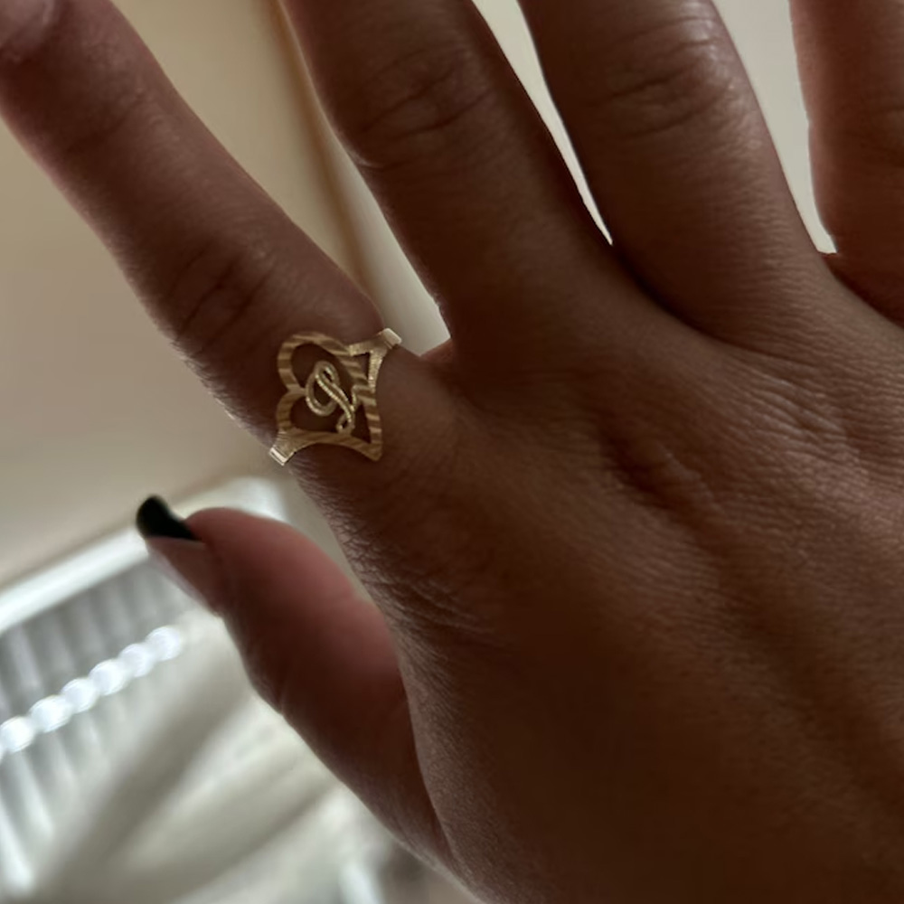 Personalized Slanted Heart Initial Ring, Gift for Her