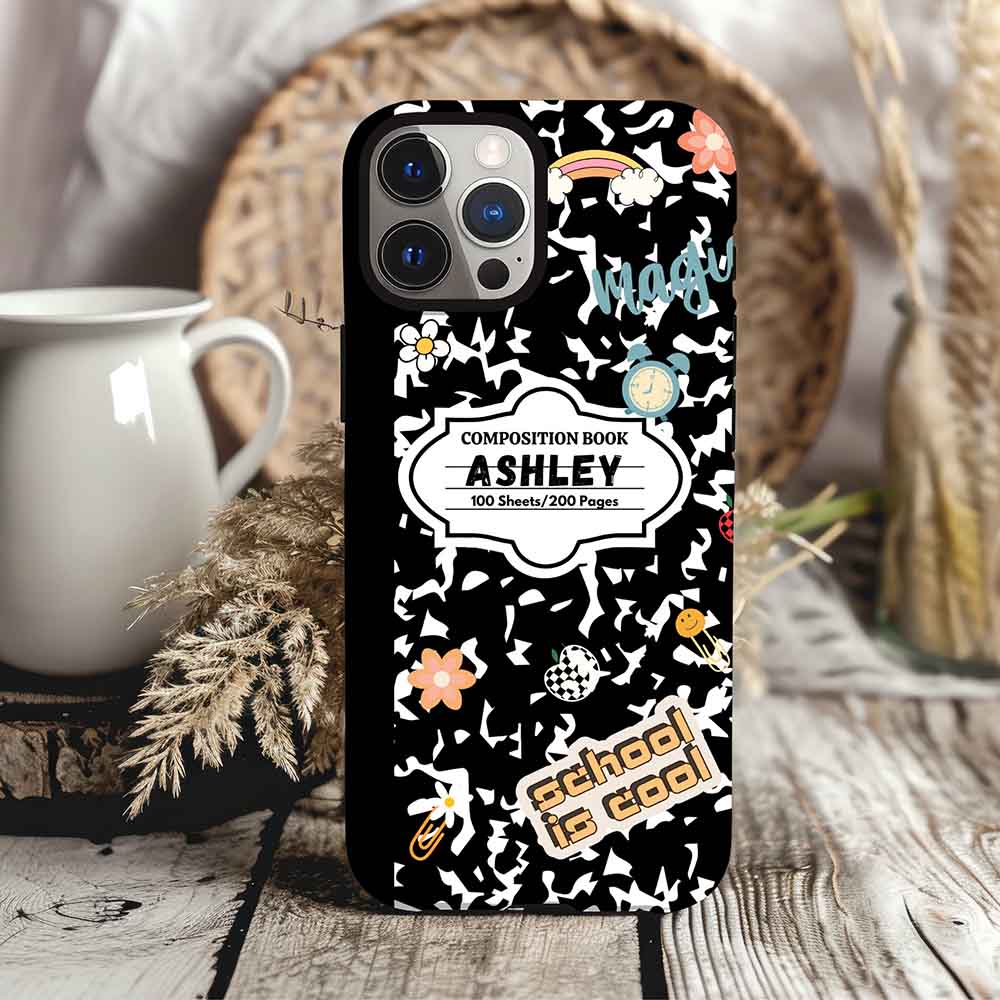 Personalized Teacher Flower Phone Case, Custom Name Cellphone Case, Composition Notebook Design, Suitable for All Series of Apple Phones, Teacher’s Day Gift, Gift for Her