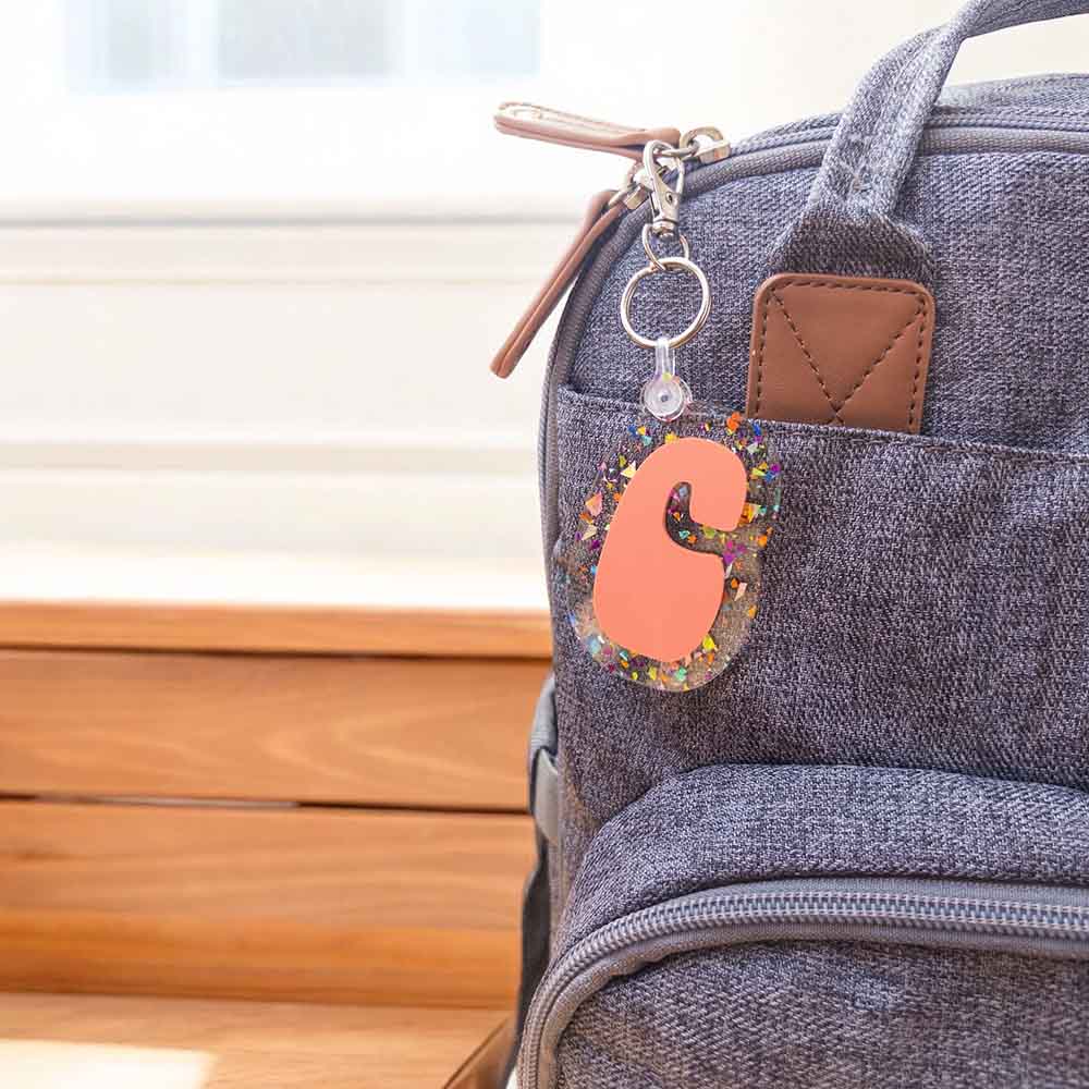 Retro Letter Backpack Tag, Acrylic Bag Tag, Diaper Bag Tag, Groovy Lunch Box Tag, Initial Keychain, Kid's Luggage Tag, Glitter Keychain