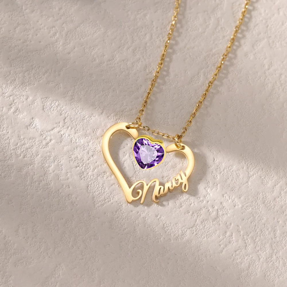 Custom Heart Birthstone Name Necklace Wedding, Personalized Heart Ring Pendant, Engagement Ring Name Necklace, Ring Holder Jewelry