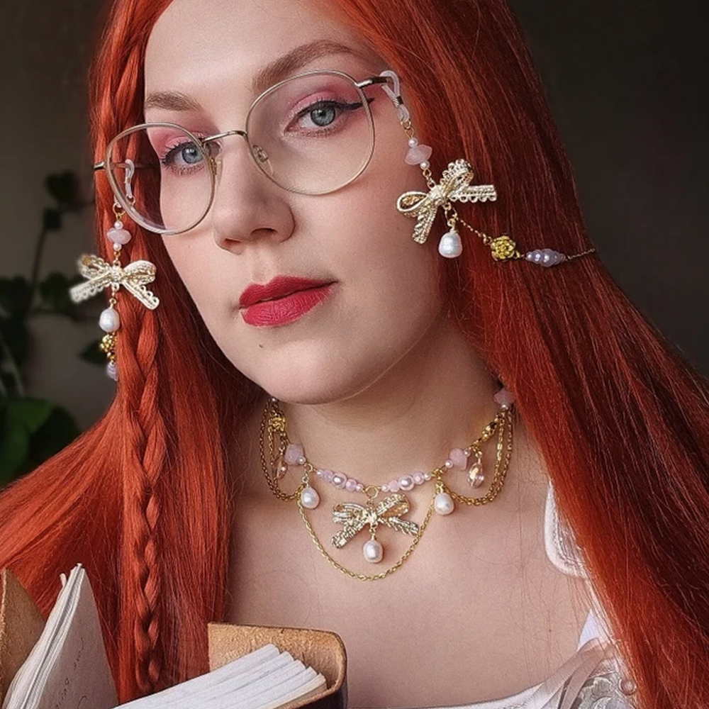 Bow Gemstone Eyeglass Chain, Handcrafted Glasses Chain, Pearl Glasses Chain, Pink Fairy Glasses Holder, Coquette Gifts