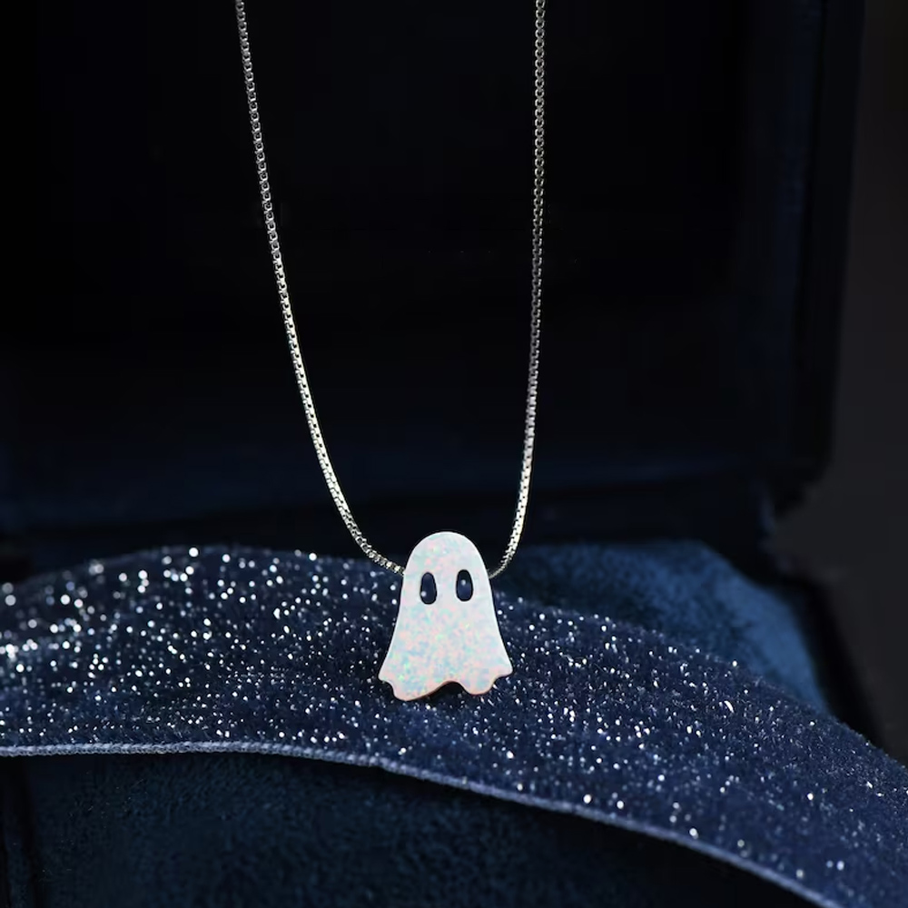 Personalized Halloween Pumpkin Opal Necklace, Ghost Necklace, Black Bat Jewelry for Women, Cute White and Black Specter Jewelry, Gifts for Woman Girl