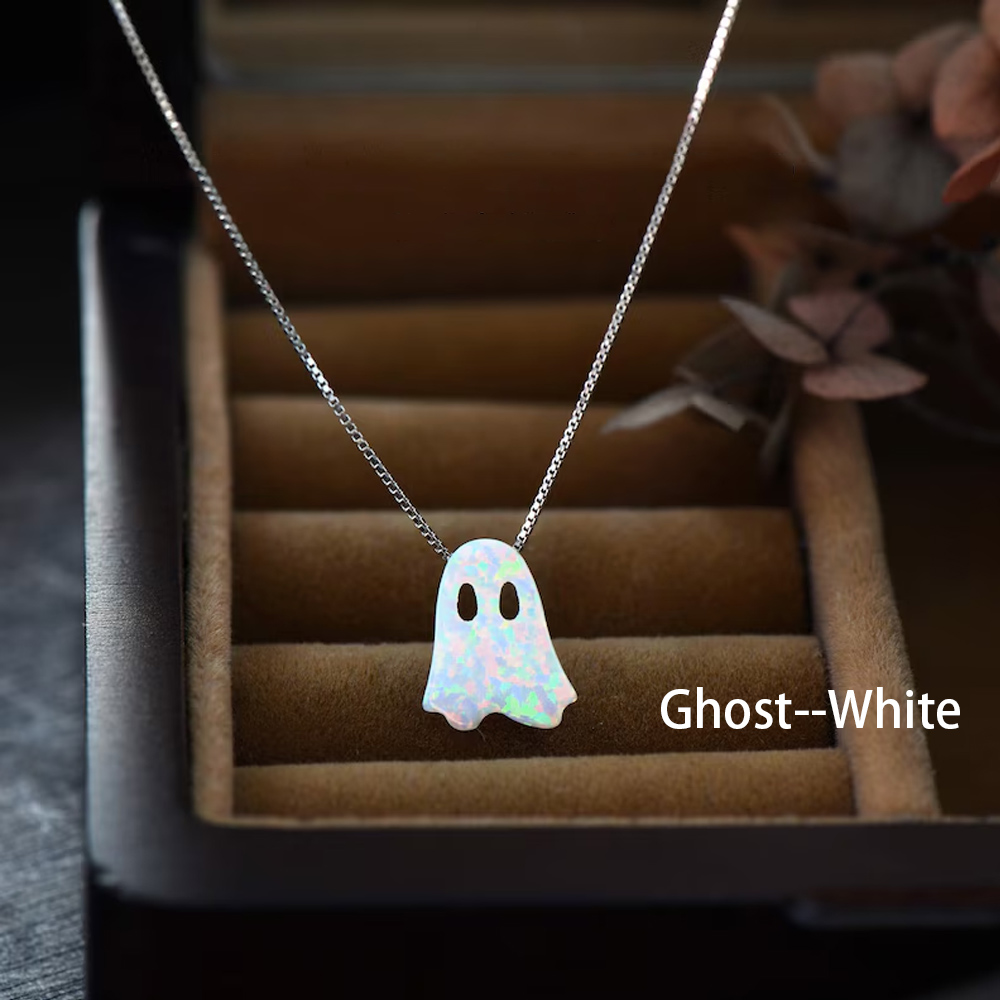 Personalized Halloween Pumpkin Opal Necklace, Ghost Necklace, Black Bat Jewelry for Women, Cute White and Black Specter Jewelry, Gifts for Woman Girl