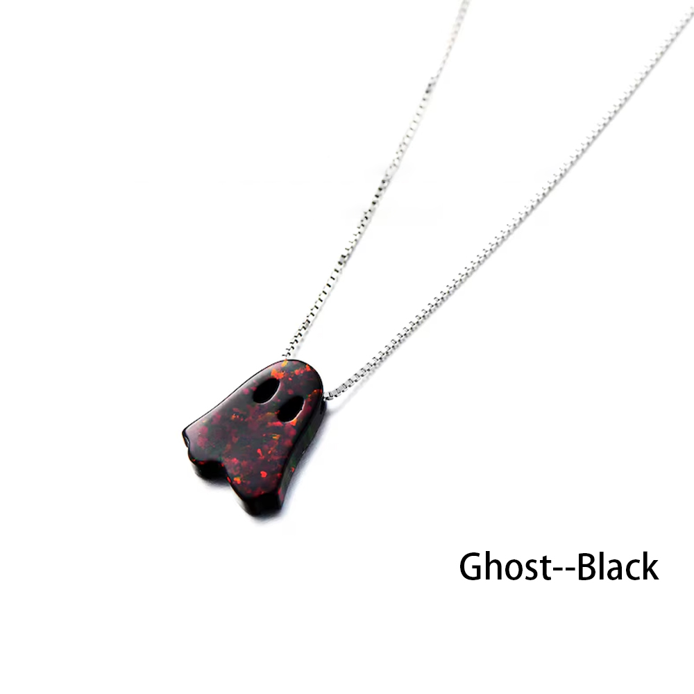 Personalized Halloween Pumpkin Opal Necklace, Ghost Necklace, Black Bat Jewelry for Women, Cute White and Black Specter Jewelry, Gifts for Woman Girl