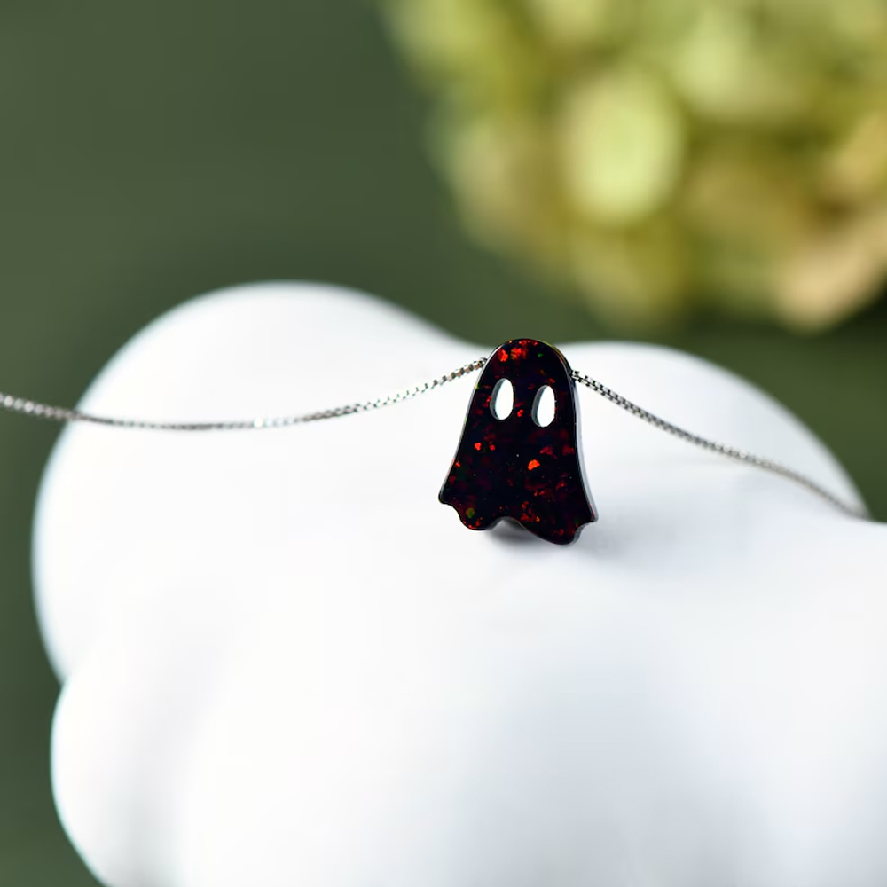 Personalized Halloween Pumpkin Opal Necklace, Ghost Necklace, Black Bat Jewelry for Women, Cute White and Black Specter Jewelry, Gifts for Woman Girl